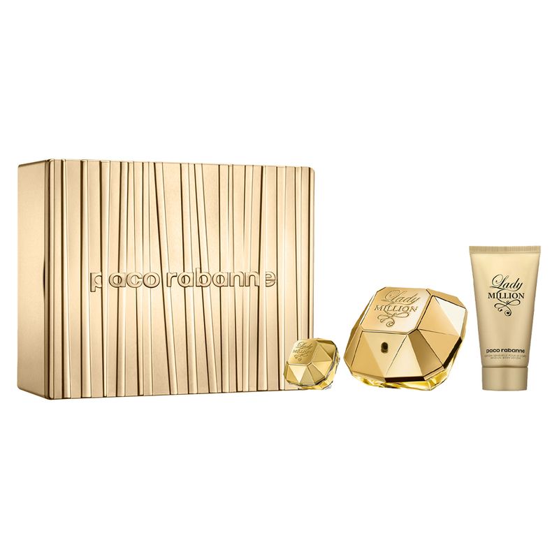 Kit-Perfume-Paco-Rabanne-Lady-Million-Feminino-Eau-de-Parfum-50-ml---Locao-Corporal-75-ml---Miniatura-5-ml