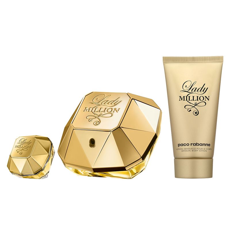 Kit-Perfume-Paco-Rabanne-Lady-Million-Feminino-Eau-de-Parfum-50-ml---Locao-Corporal-75-ml---Miniatura-5-ml