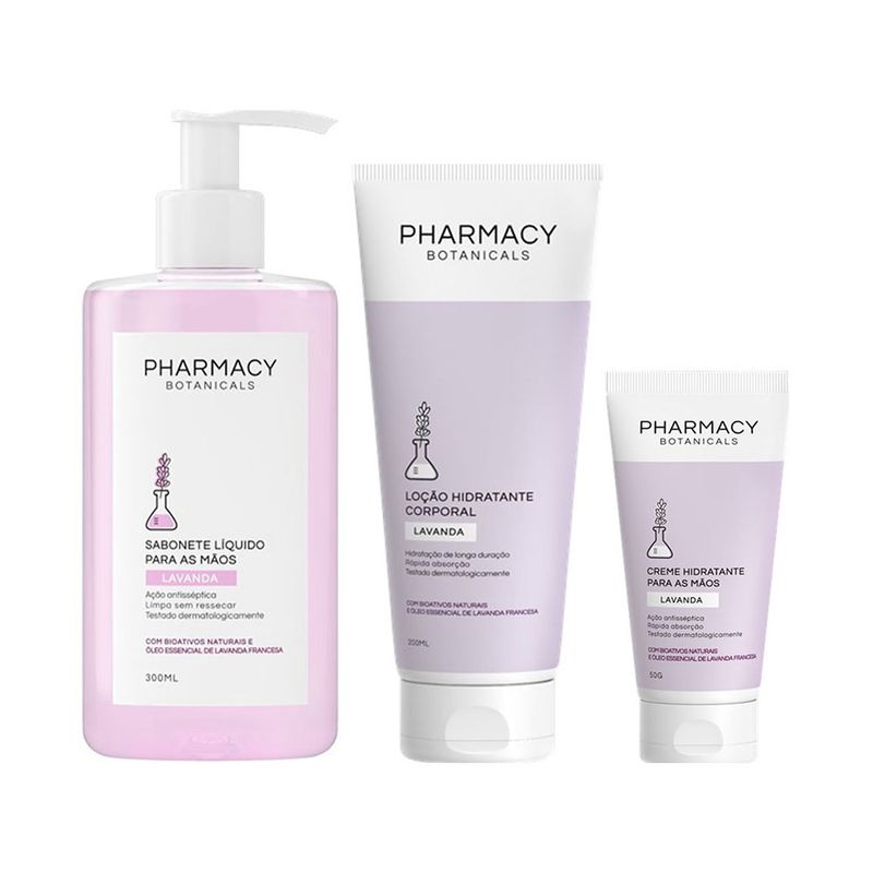Kit-Pharmacy-Botanicals---Sabonete-Liquido-Lavanda-300-ml---Creme-para-as-Maos-Lavanda-50-g---Locao-Corporal-Lavanda-200-ml