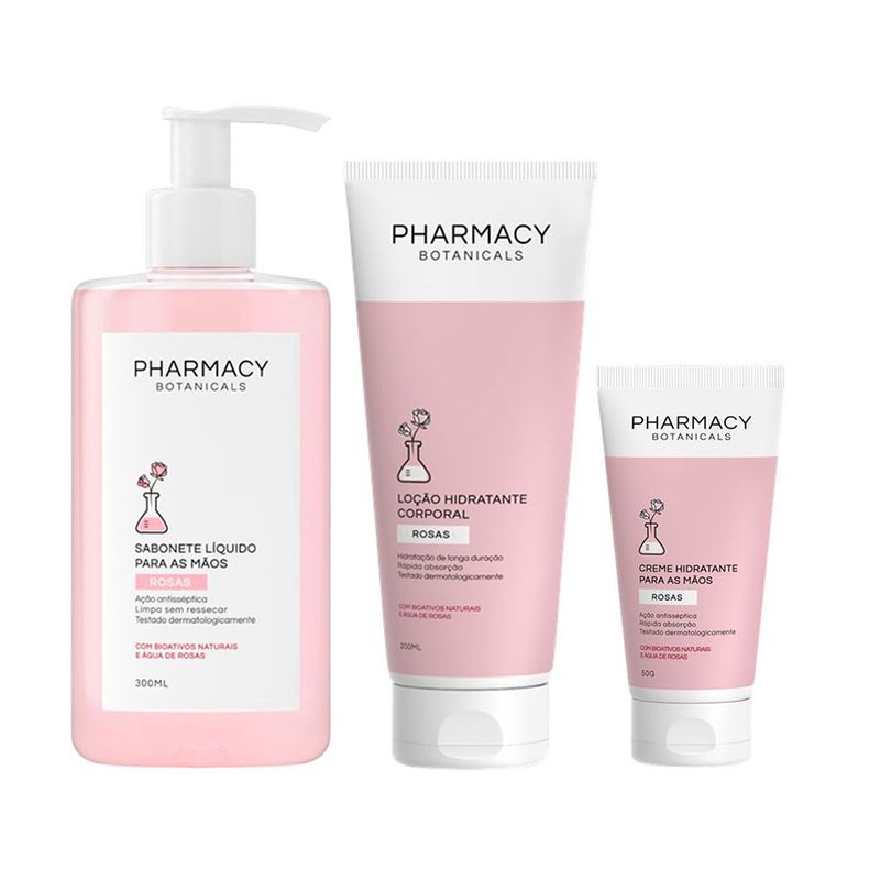 Kit-Pharmacy-Botanicals---Sabonete-Liquido-Rosas-300-ml---Creme-para-as-Maos-Rosas-50-g---Locao-Corporal-Rosas-200-ml