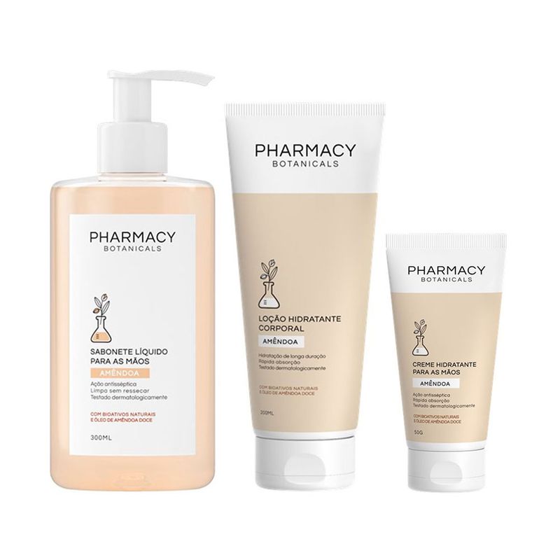 Kit-Pharmacy-Botanicals---Sabonete-Liquido-Amendoas-300-ml---Creme-para-as-Maos-Amendoas-50-g---Locao-Hidratante-Amendoas-200-ml
