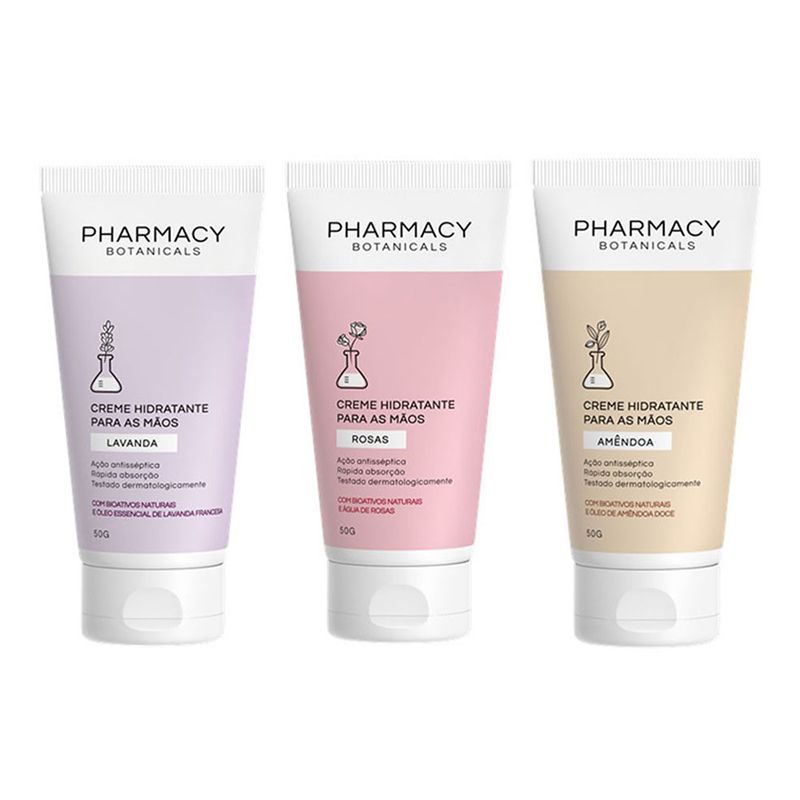Kit-Pharmacy-Botanicals---Creme-para-as-Maos-Lavanda-50-g---Creme-para-as-Maos-Rosas-50-g---Creme-para-as-Maos-Amendoas-50-g
