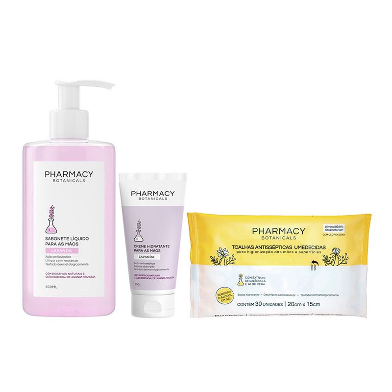 Kit-Pharmacy-Botanicals---Sabonete-Liquido-Lavanda-300-ml---Creme-para-as-Maos-Lavanda-50-g---Toalhas-Umedecidas-Antissepticas---30-Unidades