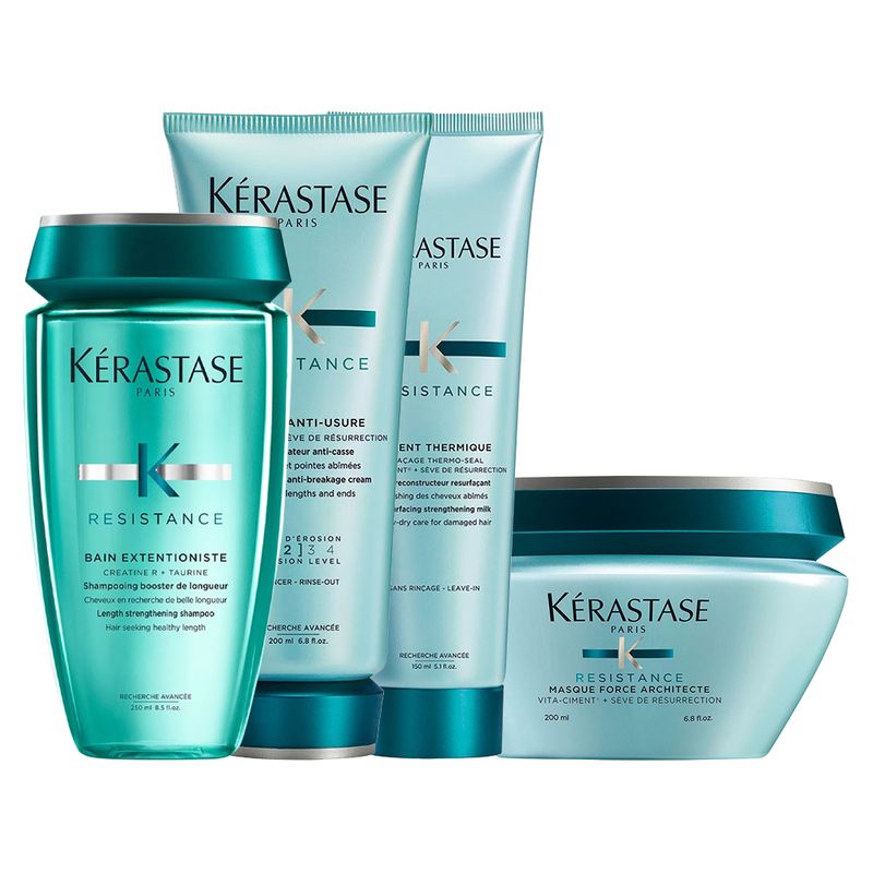 Kit-Kerastase-Resistance--Shampoo-Extentioniste-250-ml---Condicionador-Anti-Usure-200-ml---Mascara-Architecte-200-ml---Leave-in-Thermique-150-ml