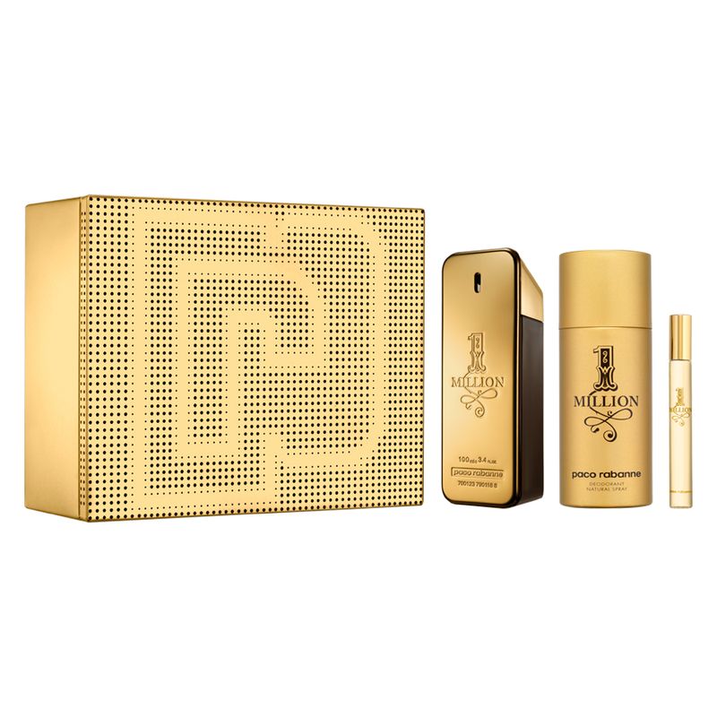 Kit-Perfume-Paco-Rabanne-1-Million-Masculino-Eau-de-Toilette-100-ml---Desodorante-150-ml---Miniatura-10-ml