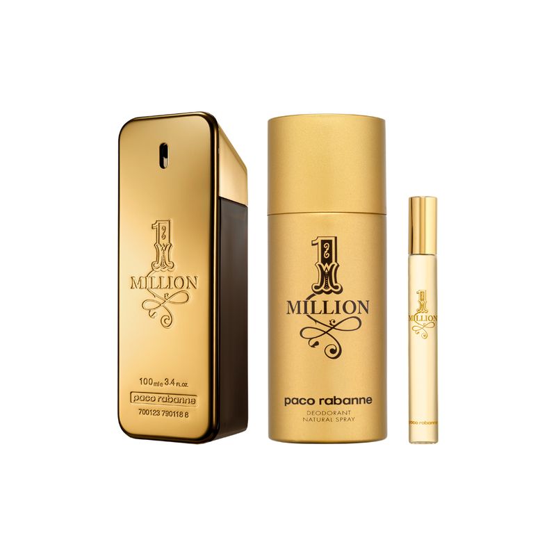 Kit-Perfume-Paco-Rabanne-1-Million-Masculino-Eau-de-Toilette-100-ml---Desodorante-150-ml---Miniatura-10-ml