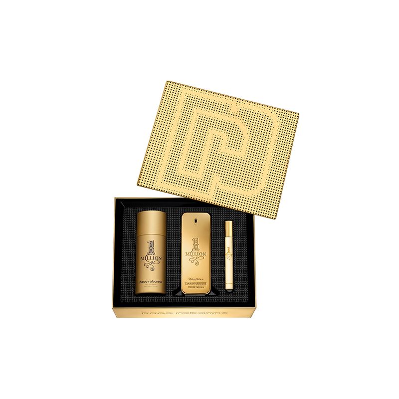 Kit-Perfume-Paco-Rabanne-1-Million-Masculino-Eau-de-Toilette-100-ml---Desodorante-150-ml---Miniatura-10-ml