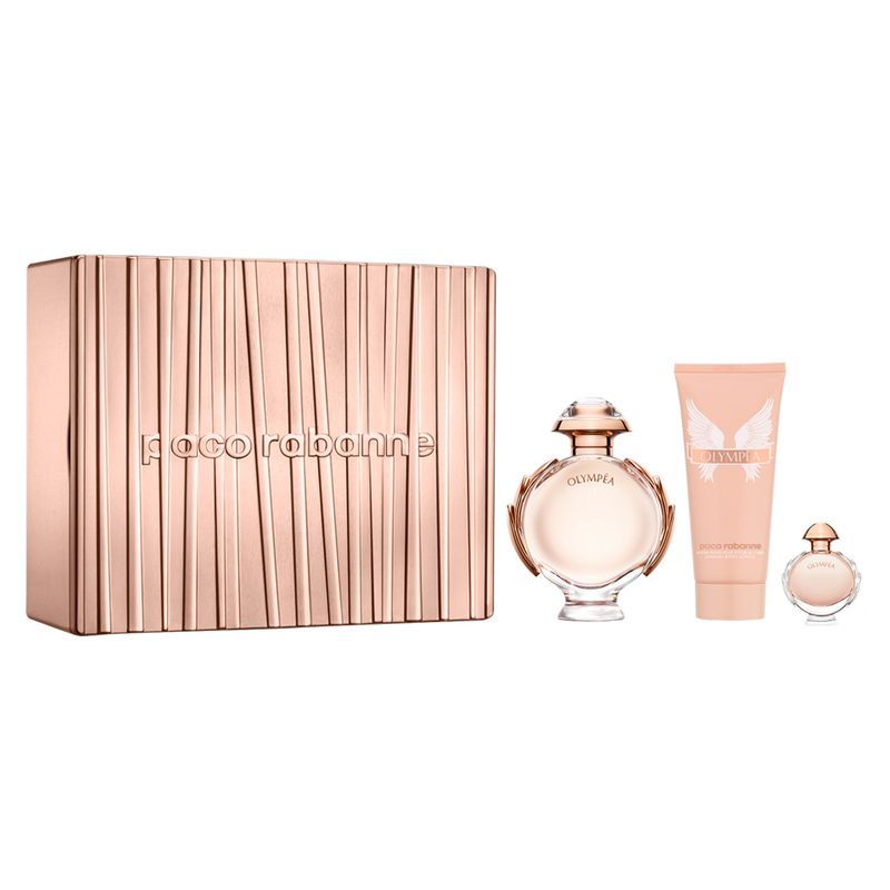 Kit-Perfume-Paco-Rabanne-Olympea-Feminino-Eau-de-Parfum-80-ml---Hidratante-Corporal-100-ml---Miniatura-6-ml