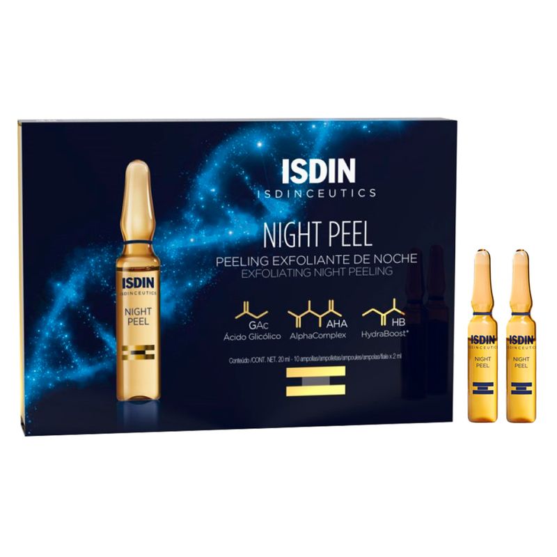 Caixa-de-Ampola-Serum-Facial-Esfoliante-Acido-Glicolico-Noturno-Isdin-10-x-2-ml