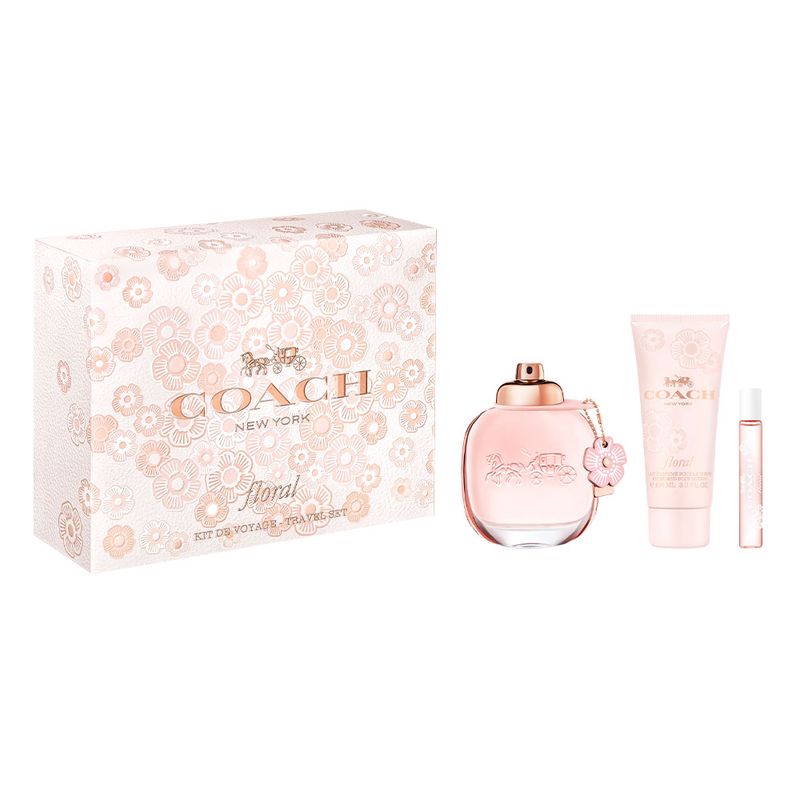Kit-Perfume-Coach-Floral-Feminino-Eau-de-Parfum-90-ml---Locao-Corporal-100-ml---Miniatura-75-ml
