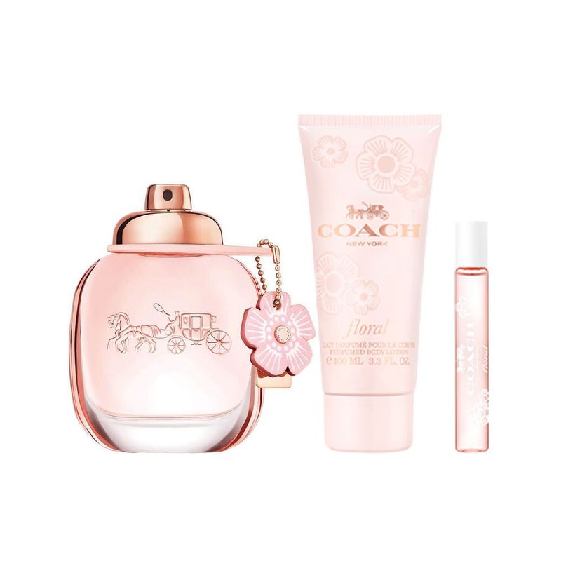 Kit-Perfume-Coach-Floral-Feminino-Eau-de-Parfum-90-ml---Locao-Corporal-100-ml---Miniatura-75-ml