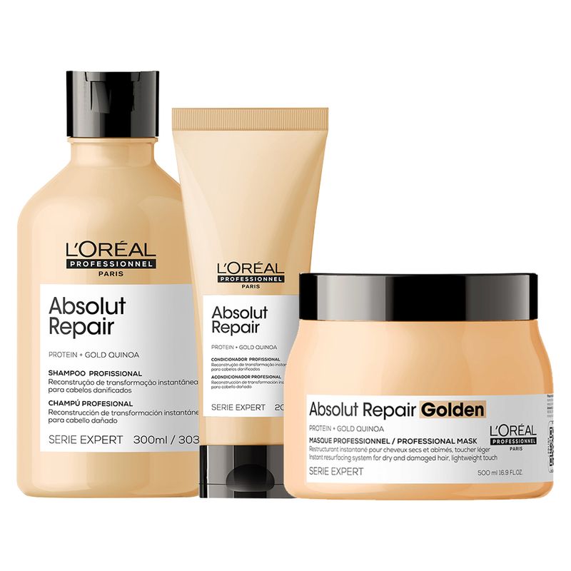 Kit-L-Oreal-Professionnel-Serie-Expert-Absolut-Repair-Gold-Quinoa---Shampoo-300-ml---Condicionador-200-ml---Mascara-Reparacao-500-g