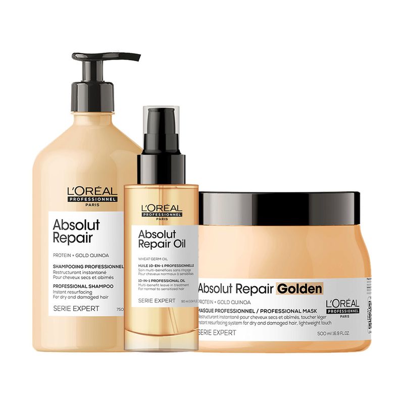 Kit-L-Oreal-Professionnel-Serie-Expert-Absolut-Repair-Gold-Quinoa---Shampoo-750-ml---Mascara-Golden-500-g---Serum-90-ml-