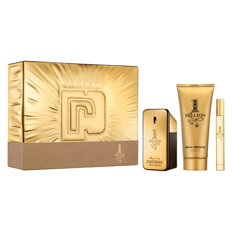 Kit-Perfume-Paco-Rabanne-1-Million-Masculino-Eau-de-Toilette-50-ml---Gel-de-Banho-100-ml---Miniatura-10-ml