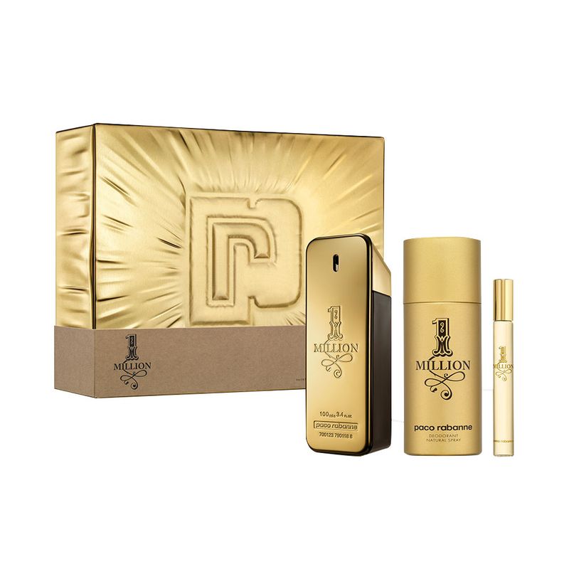 Kit-Perfume-Paco-Rabanne-1-Million-Masculino-Eau-de-Toilette-100-ml---Desodorante-150-ml---Miniatura-10-ml