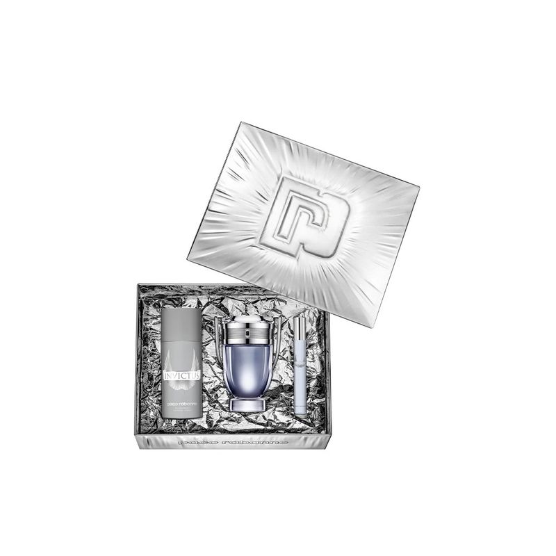 Kit-Perfume-Paco-Rabanne-Invictus-Masculino-Eau-de-Toilette-50-ml---Desodorante-150-ml---Miniatura-10-ml