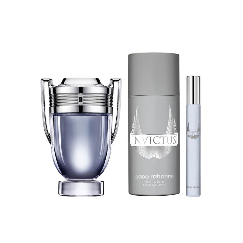 Kit-Perfume-Paco-Rabanne-Invictus-Masculino-Eau-de-Toilette-50-ml---Desodorante-150-ml---Miniatura-10-ml