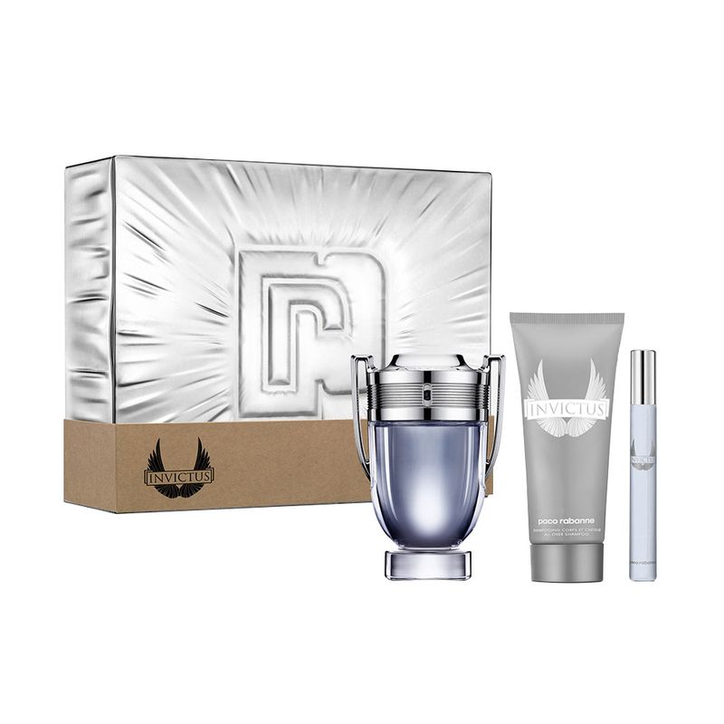 Kit-Perfume-Paco-Rabanne-Invictus-Masculino-Eau-de-Toilette-100-ml---Gel-de-Banho-10-ml---Miniatura-10-ml-