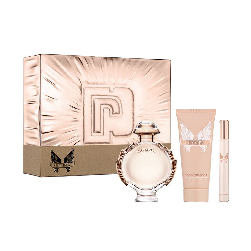 Kit-Perfume-Paco-Rabanne-Olympea-Feminino-Eau-de-Parfum-80-ml---Locao-Corporal-100-ml---Miniatura-10-ml