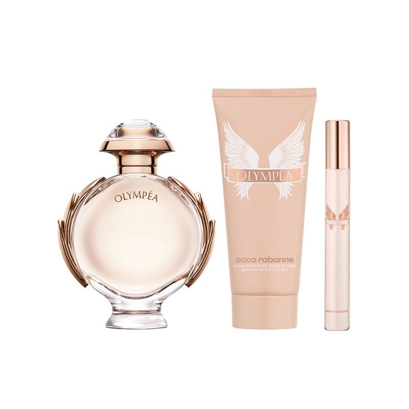 Kit-Perfume-Paco-Rabanne-Olympea-Feminino-Eau-de-Parfum-80-ml---Locao-Corporal-100-ml---Miniatura-10-ml