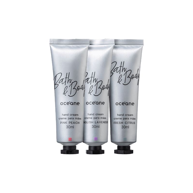 Kit-Creme-para-as-Maos-Oceane-Bath---Body-Fresh-Citrus-Pink-Peach-e-English-La-Vender---3-Produtos