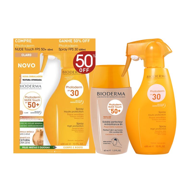 Kit-Protetor-Solar-Bioderma-Photoderm-Nude-Touch-FPS-50--Claro-40-ml---Spray-FPS-30-400-ml