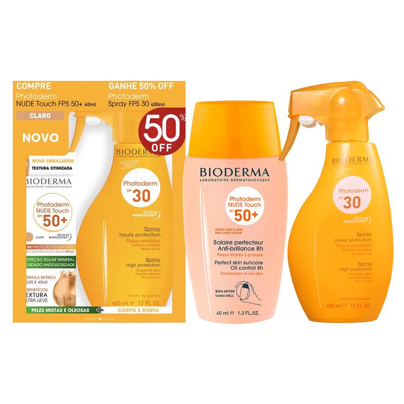 Kit-Protetor-Solar-Bioderma-Photoderm-Nude-Touch-FPS-50--Muito-Claro-40-ml---Spray-FPS-30-400-ml