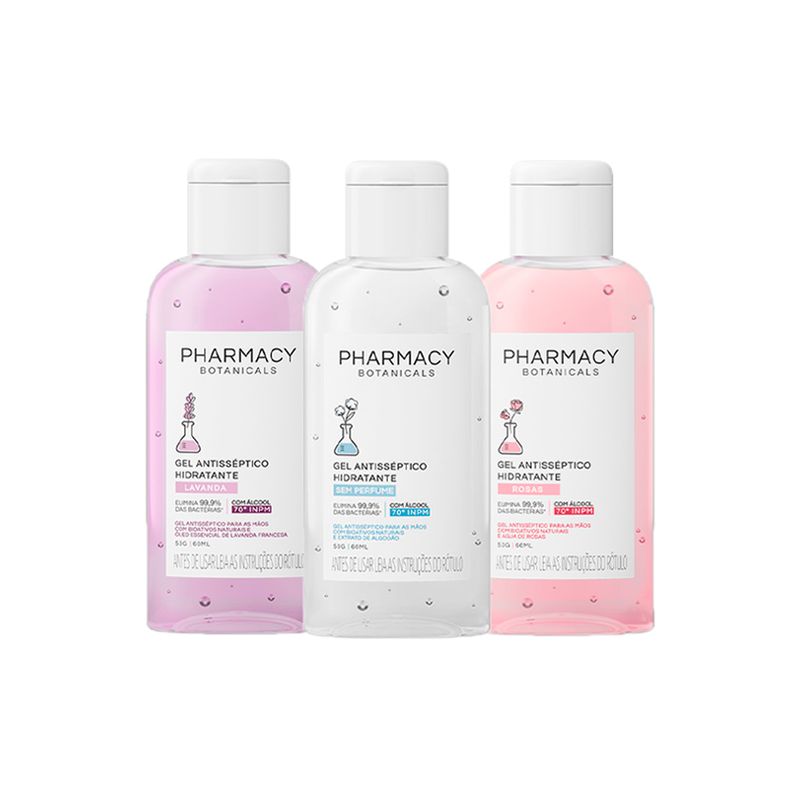 Kit-Pharmacy-Botanicals-Gel-Antisseptico-Hidratante--Lavanda-60-ml---Rosas-60-ml---Sem-Perfume-60-ml-