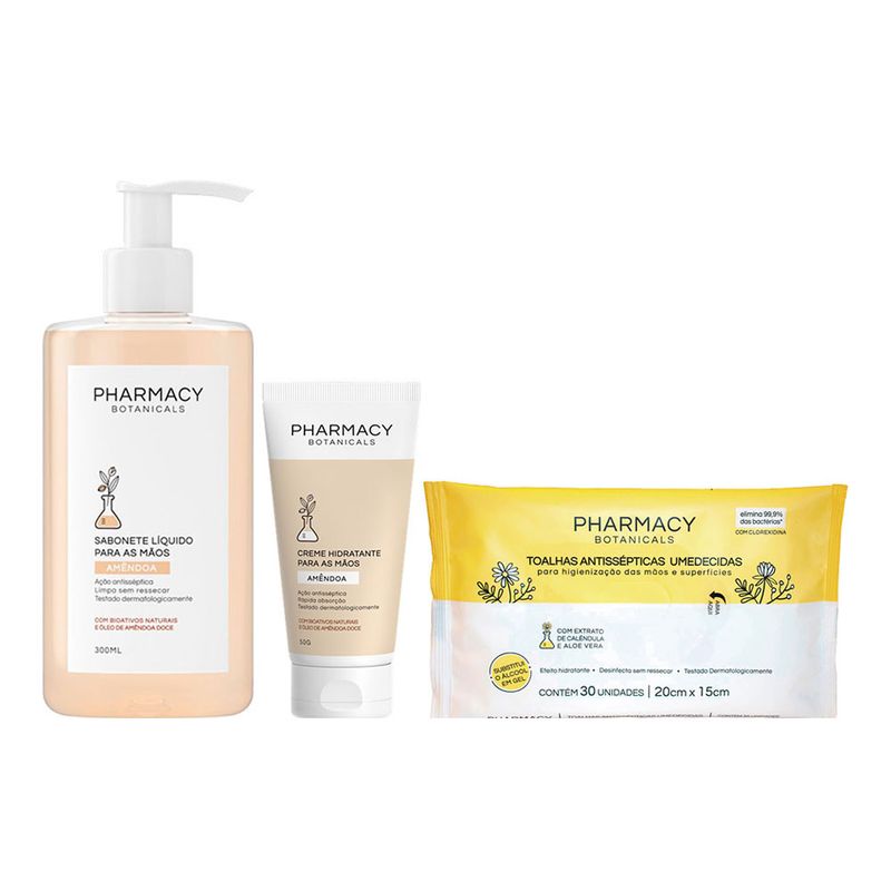 Kit-Pharmacy-Botanicals---Sabonete-Liquido-Amendoas-300-ml---Creme-para-as-Maos-Amendoas-50-g---Toalhas-Umedecidas-Antissepticas---30-Unidades