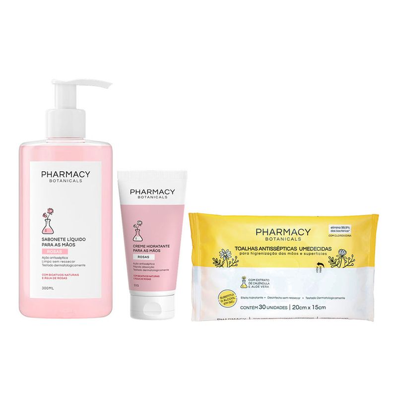 Kit-Pharmacy-Botanicals---Sabonete-Liquido-Rosas-300-ml---Creme-para-as-Maos-Rosas-50-g---Toalhas-Umedecidas-Antissepticas---30-Unidades
