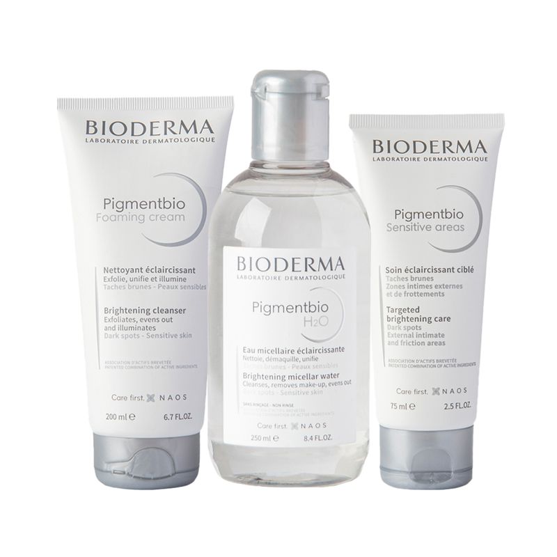 Kit-Bioderma-Pigmentbio-Foam-Clareador--Creme-Esfoliante-Corporal-200-ml---Creme-Areas-75-ml---Agua-Micelar-250-ml