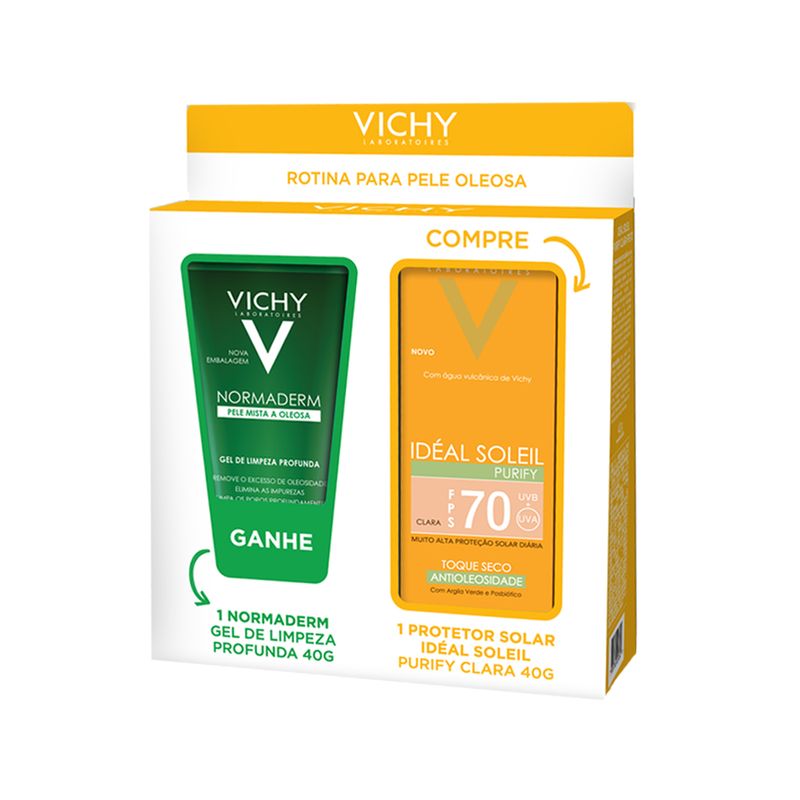 Kit-Vichy-Ideal-Soleil-e-Normaderm-Protetor-Solar-Facial-FPS-70-Clara-40-g-Gel-Facial-de-Limpeza-40-g-Caixa