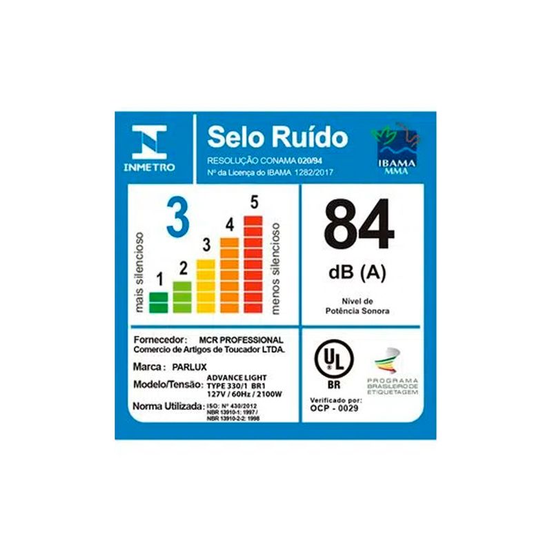 Secador-de-Cabelo-Parlux-385-Powerlight-2150W-com-2-Velocidades-Prata-220V-Etiqueta-Informativa-Potencia