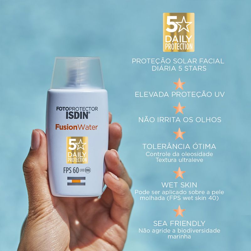 Protetor-Solar-Facial-Isdin-Fusion-Water-5-Stars-FPS-60-30-ml-Ativos-Principais
