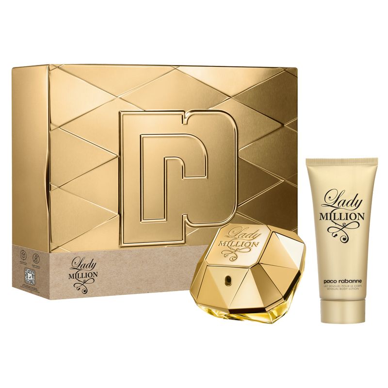 Kit-Perfume-Paco-Rabanne-Lady-Million-Feminino-Eau-de-Parfum-80-ml---Locao-Corporal-100-ml-Vitrine