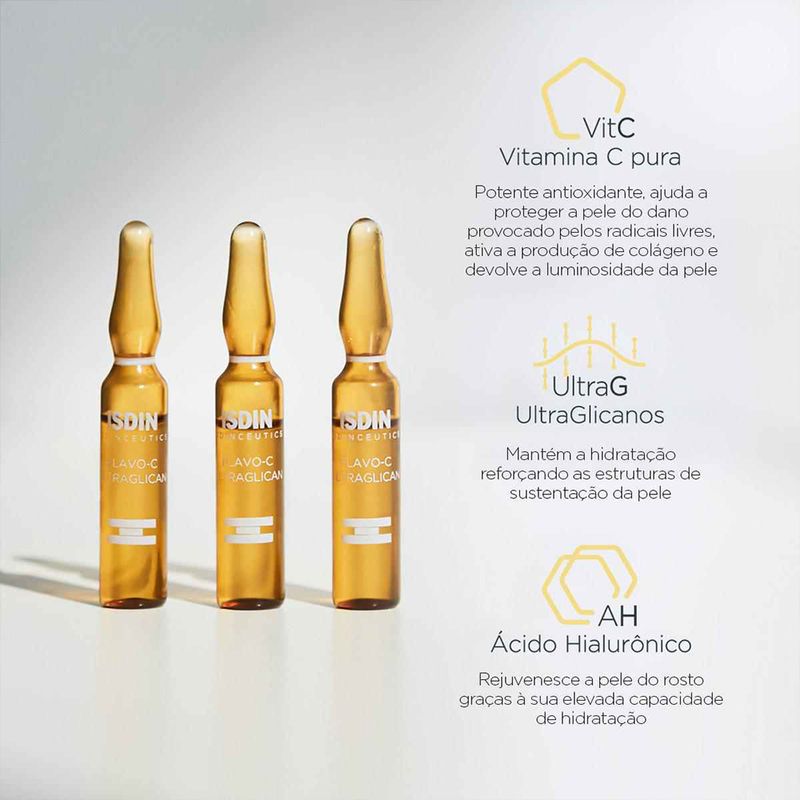 Caixa-de-Ampola-Serum-Facial-Antioxidante-Isdinceutics-Flavo-C-Ultraglican-10-x-2-ml-Ativos-Principais