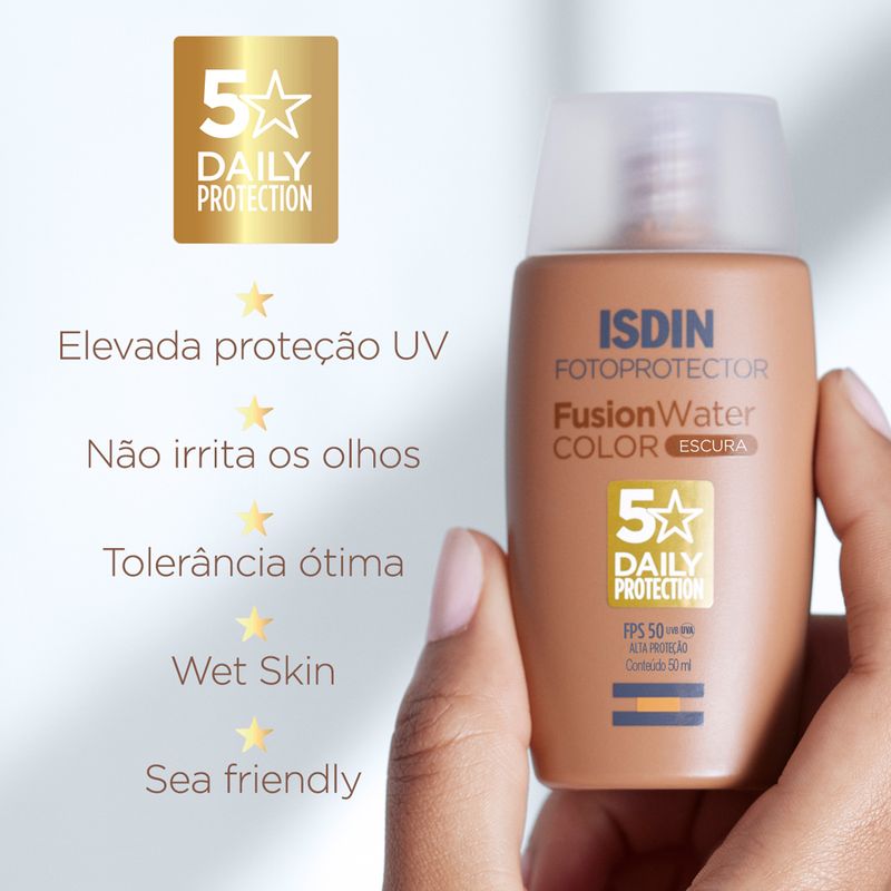 Protetor-Solar-Facial-com-Cor-Isdin-Fusion-Water-5-Stars-Color-FPS-50-Escura-50-ml-Banner-3