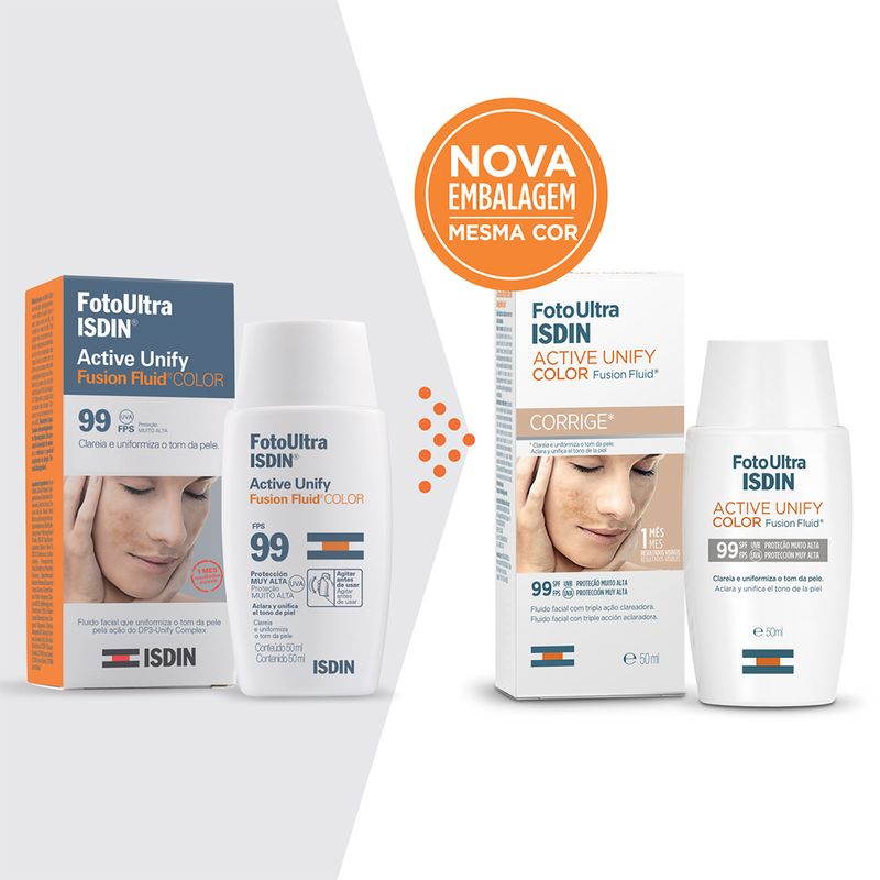 Protetor-Facial-Isdin-Foto-Ultra-Active-Unify-Fusion-Fluid-Color-FPS-99-50-ml-Antes-e-Depois