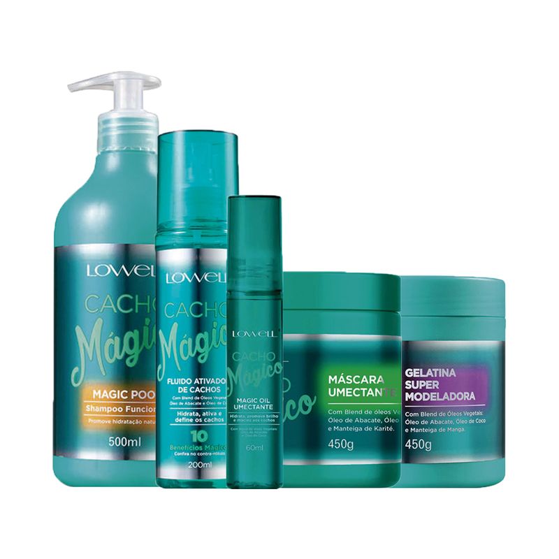Kit-Lowell-Cacho-Magico-Shampoo-500-ml-Mascara-450-g-Gelatina-450-g-Fluido-200-ml-Oleo-60-ml-Vitrine