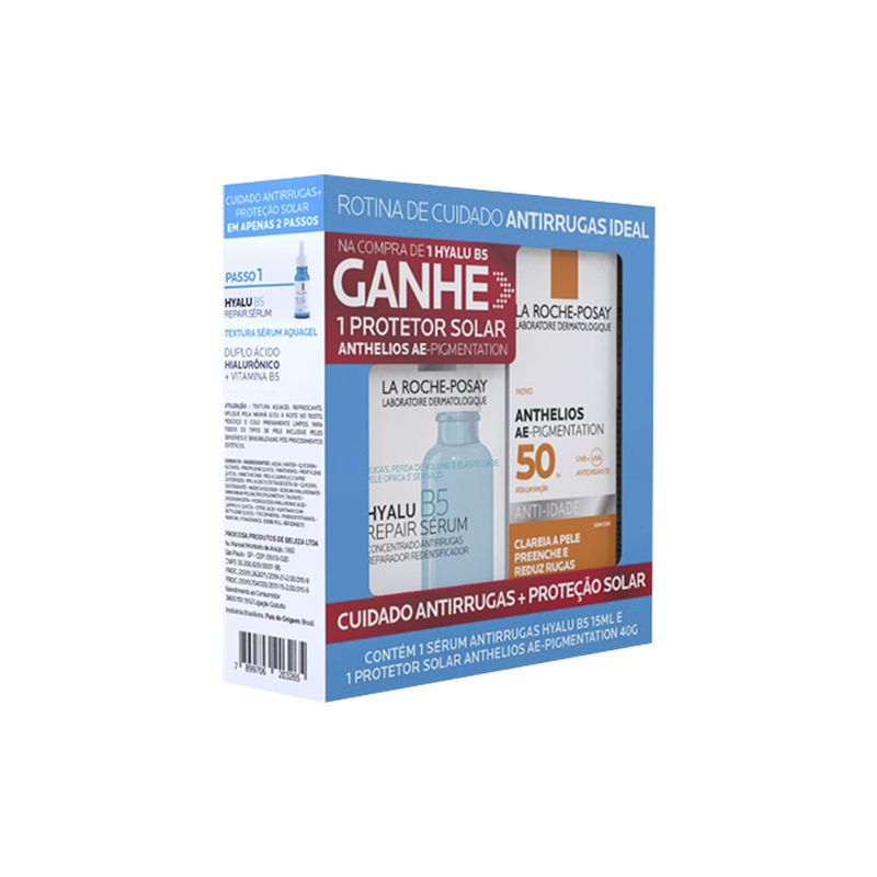 Kit-Rotina-de-Cuidados-Antirugas-La-Roche-Posay---Serum-Hyalu-B5-15---Protetor-Solar-Anthelios-AE--Pigmentation-40-g-Vitrine