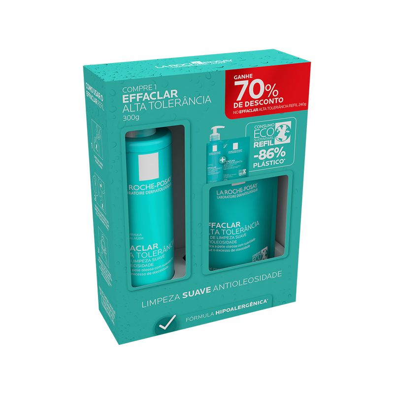 Kit-Limpeza-Suave-Antioleosidade-La-Roche-Posay---Gel-de-Limpeza-Effaclar-Alta-Tolerancia-300-g---Refil-240-g-Vitrine