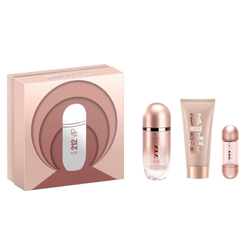 Kit-Perfume-Carolina-Herrera-212-Vip-Rose-Eau-de-Parfum-Feminino-80-ml---Hidratante-Corporal-100-ml---Miniatura-212-Vip-Rose-Vitrine