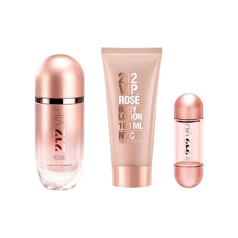 Kit-Perfume-Carolina-Herrera-212-Vip-Rose-Eau-de-Parfum-Feminino-80-ml---Hidratante-Corporal-100-ml---Miniatura-212-Vip-Rose-Frascos