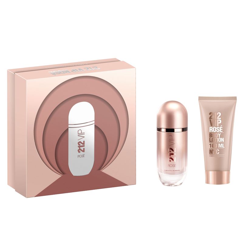 Kit-Perfume-Carolina-Herrera-212-Vip-Rose-Eau-de-Parfum-Feminino-80-ml---Hidratante-Corporal-100-ml-Vitrine