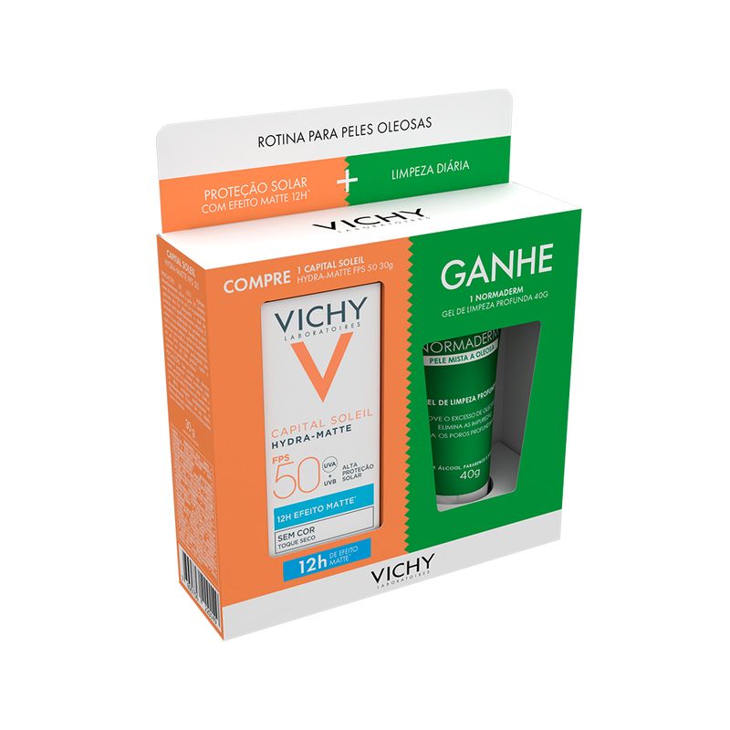 Kit-Vichy-Antioleosidade---Protetor-Solar-Facial-Capital-Soleil-Hydra---Matte-FPS-50-30-g---1-Gel-Facial-de-Limpeza-Profunda-Vichy-Normaderm-30-g