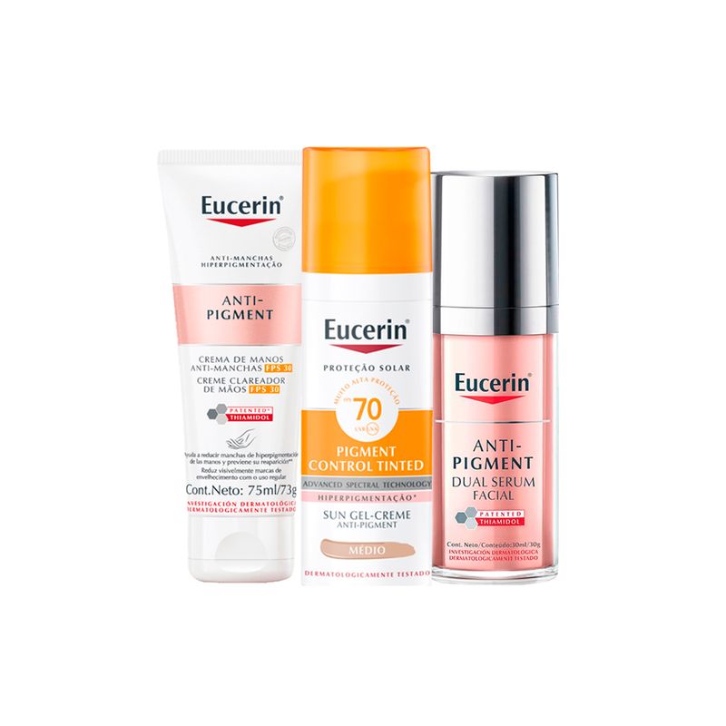Kit-Eucerin---Protetor-Solar-Facial-Matte-FPS-70-Media-50-ml--Creme-Clareador-para-as-Maos-FPS-30-75-ml---Serum-Facial-Clareador-30-ml-Vitrine