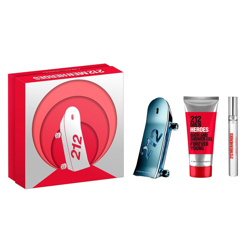 Kit-Perfume-Carolina-Herrera-212-Heroes-Masculino-Eau-de-Toilette-90-ml---Gel-de-Banho-100-ml---Miniatura-10-ml-Vitrine