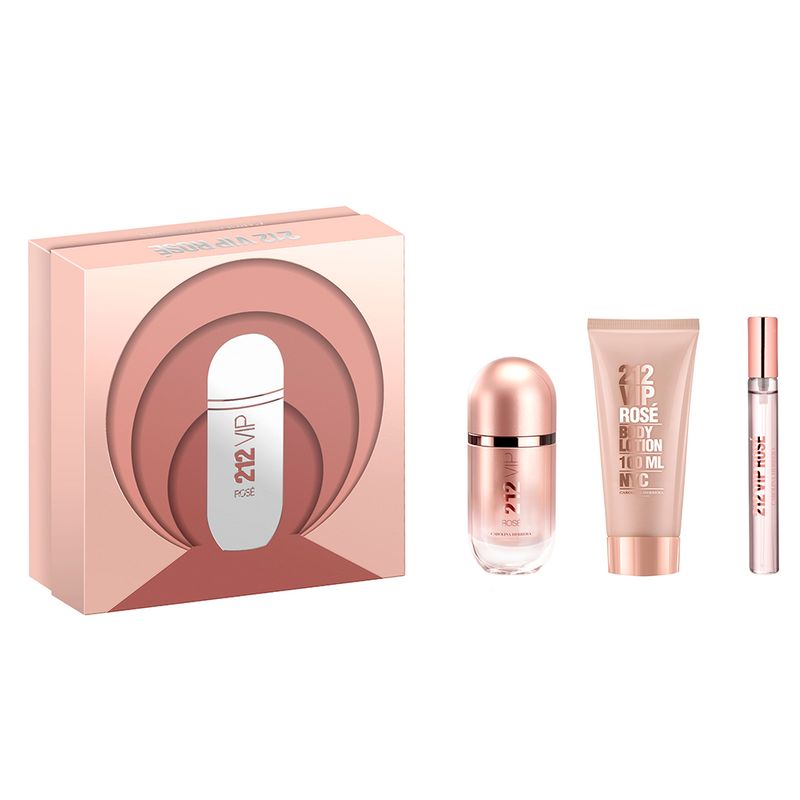 Kit-Perfume-Carolina-Herrera-212-VIP-Rose--Feminino-Eau-de-Parfum-80-ml---Hidratante-Corporal-100-ml---Miniatura-10-ml-Vitrine