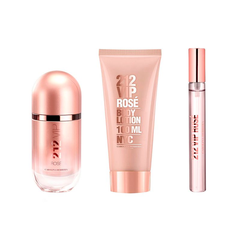 Kit-Perfume-Carolina-Herrera-212-VIP-Rose--Feminino-Eau-de-Parfum-80-ml---Hidratante-Corporal-100-ml---Miniatura-10-ml-Produtos