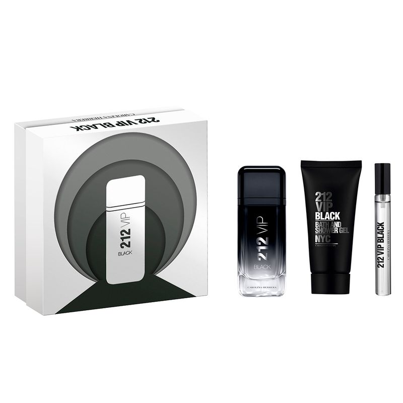 Kit-Perfume-Carolina-Herrera-212-VIP-Black-Masculino-Eau-de-Parfum-100-ml---Gel-de-Banho-100-ml---Miniatura-10-ml-Vitrine